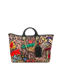 Sac fourre-tout en toile imprimé léopard marron clair Dolce & Gabbana