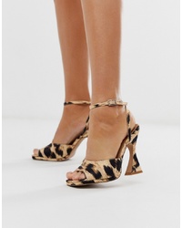 Sandales à talons en cuir imprimées léopard marron clair ASOS DESIGN