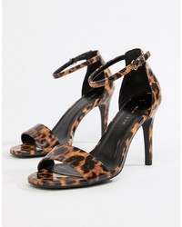 Sandales à talons en cuir imprimées léopard marron foncé New Look
