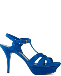 Sandales à talons en daim bleues Saint Laurent