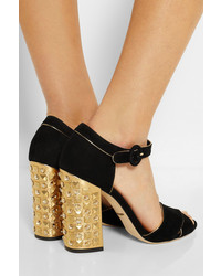 Sandales à talons en daim ornées noir et doré Dolce & Gabbana