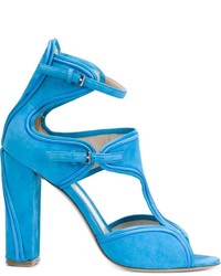 Sandales à talons en fourrure épaisses bleues Monique Lhuillier