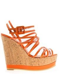 Sandales compensées en cuir orange