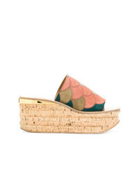Sandales compensées en daim multicolores