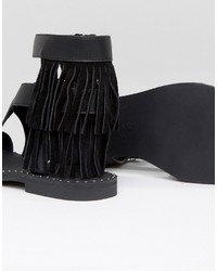 Sandales plates en cuir à franges noires Sixty Seven