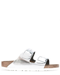 Sandales plates en cuir argentées Birkenstock