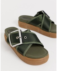 Sandales plates en cuir épaisses vert foncé