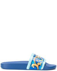 Sandales plates en cuir imprimées bleues Dolce & Gabbana