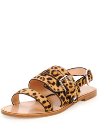 Sandales plates en cuir imprimées léopard beiges