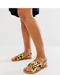 Sandales plates en cuir imprimées léopard marron clair ASOS DESIGN
