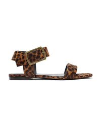 Sandales plates en cuir imprimées léopard marron