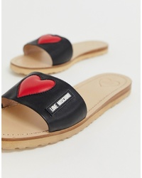 Sandales plates en cuir imprimées noires Love Moschino