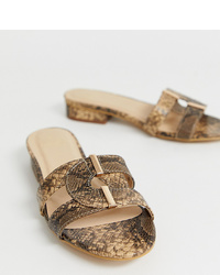 Sandales plates en cuir imprimées serpent marron clair Oasis
