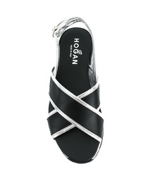 Sandales plates en cuir noires et blanches Hogan