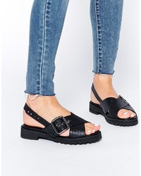 Sandales plates en cuir noires Asos