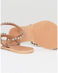 Sandales plates en cuir ornées marron clair Asos