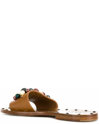 Sandales plates en cuir ornées marron clair Marni
