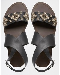 Sandales plates en cuir ornées noires Asos