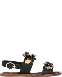 Sandales plates en cuir ornées noires Dolce & Gabbana