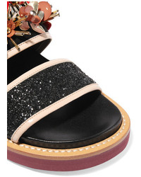 Sandales plates en cuir ornées noires Marni