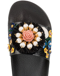 Sandales plates en cuir ornées noires Dolce & Gabbana