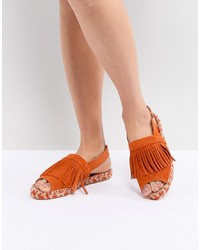 Sandales plates en cuir ornées orange