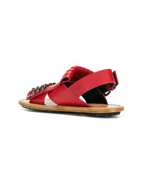 Sandales plates en cuir ornées rouges Marni