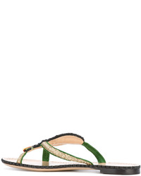 Sandales plates en cuir ornées vertes Charlotte Olympia
