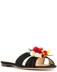 Sandales plates en daim ornées noires Charlotte Olympia