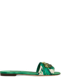 Sandales plates en satin imprimées vertes Dolce & Gabbana