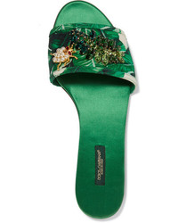 Sandales plates en satin imprimées vertes Dolce & Gabbana