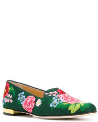 Slippers en cuir à fleurs verts Charlotte Olympia