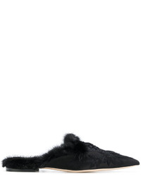 Slippers en cuir brodés noirs Alberta Ferretti
