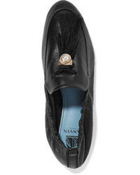 Slippers en cuir ornés noirs Lanvin