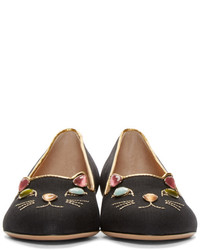 Slippers en daim brodés noirs Charlotte Olympia