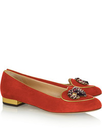 Slippers en daim brodés rouges Charlotte Olympia