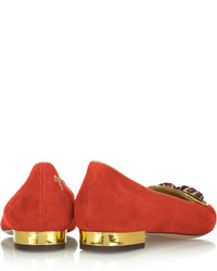 Slippers en daim brodés rouges Charlotte Olympia