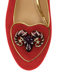 Slippers en daim brodés rouges Charlotte Olympia