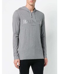 Sweat à capuche imprimé gris Balmain