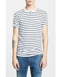 T-shirt à col boutonné à rayures horizontales blanc et bleu marine