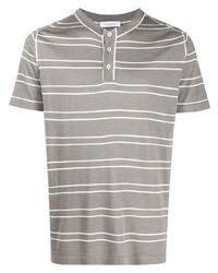 T-shirt à col boutonné à rayures horizontales gris