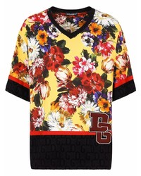 T-shirt à col en v à fleurs jaune Dolce & Gabbana