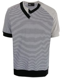 T-shirt à col en v à rayures horizontales blanc et bleu marine Kolor