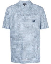 T-shirt à col en v à rayures horizontales blanc et bleu Giorgio Armani