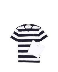 T-shirt à col en v à rayures horizontales blanc et noir