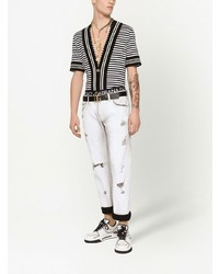 T-shirt à col en v à rayures horizontales blanc et noir Dolce & Gabbana