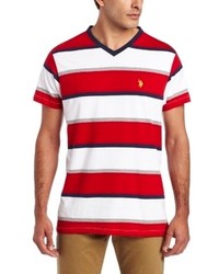 T-shirt à col en v à rayures horizontales blanc et rouge