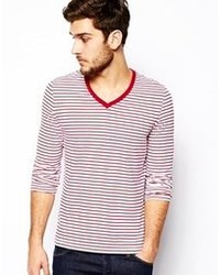 T-shirt à col en v à rayures horizontales blanc et rouge Asos