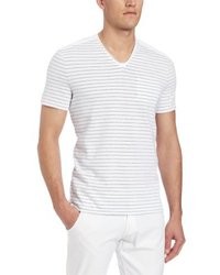T-shirt à col en v à rayures horizontales blanc