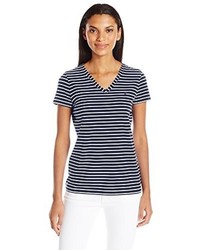 T-shirt à col en v à rayures horizontales bleu marine et blanc